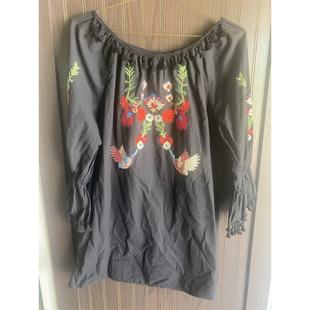 Velzera Womens Dress Black Floral Bird Embroidery Tassled Sleeves  Medium NWT
